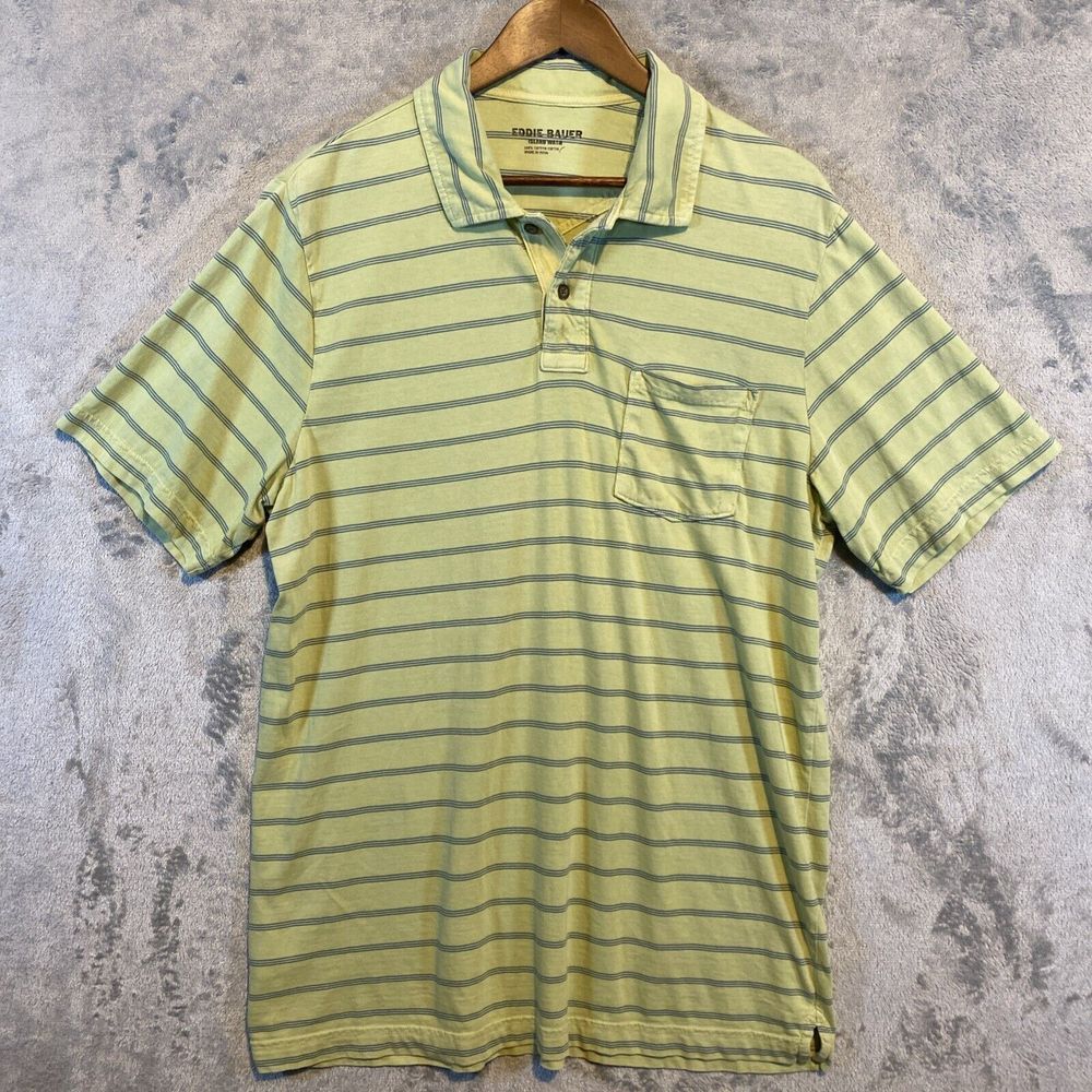 Eddie Bauer Men's Sz L Rugby Shirt Lime Color Short Sleeve Blue Stripes Preppy - Picture 1 of 11